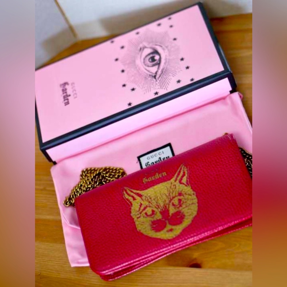 GUCCI GARDEN Series Cat Print Red Leather Handbag Wallet Gold Chain Bag w/Box